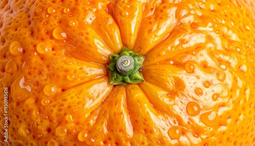 Close-up macro shot of a vibrant, juicy orange fruit with water droplets, highlighting its textured rind and fresh, healthy appeal