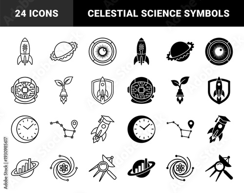 Abstract Space Exploration Symbols Merging Celestial Bodies with Scientific Apparatus and Rocketry in a Dual Outline and Solid Minimalist Style