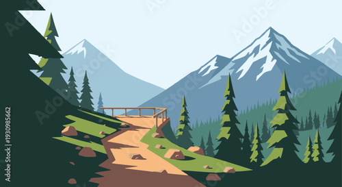 Mountain Landscape with Trees and Pathway.