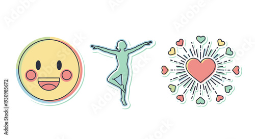 Collection of Positive Lifestyle Icons with Happy Face, Dancing Silhouette, and Loving Heart on Bright Studio Background