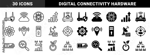 Hybrid network connectivity and data infrastructure symbols merging hardware components with security shields global cloud access and organic power monitoring