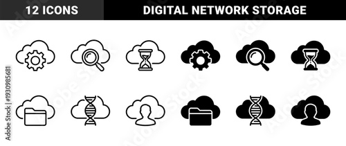 Cloud computing hybrid symbols featuring dual outline and solid versions of gear magnifying glass hourglass folder dna profile bell and keyhole shapes