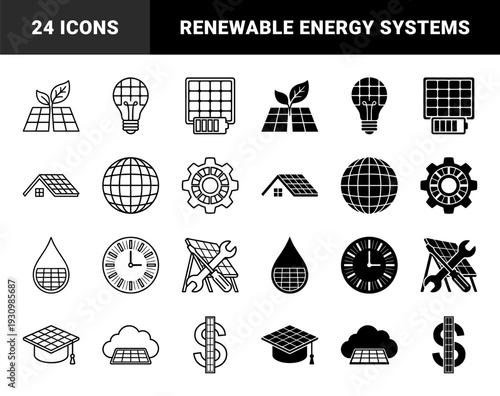 Sustainable energy hybrid symbols combining solar panels with nature growth lightbulbs architecture maintenance tools and financial currency metaphors