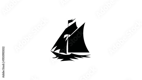 A black silhouette of a ship sailing. The image is on a white background