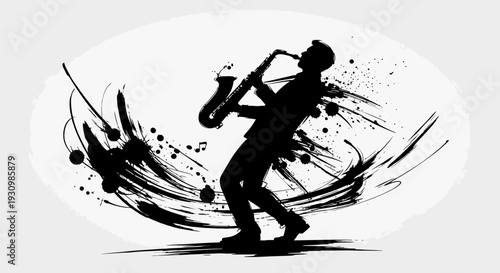 Energetic Saxophone Player Silhouette with Dynamic Grunge Splash Effect in Bright Studio