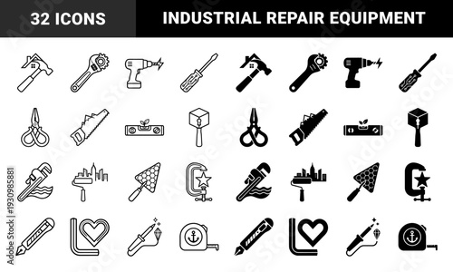 Hand tools merged with abstract industry symbols featuring hammer with house wrench with gear and level with sprout in outline and glyph styles
