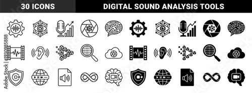 Hybrid media intelligence and audio processing symbols merging sound waves with mechanical gears brain circuitry and optical lens elements