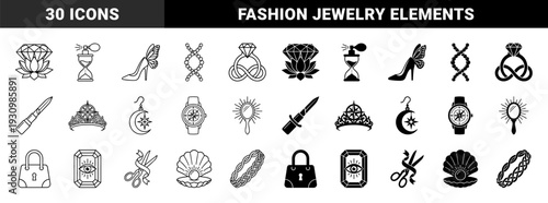 Black and white linear hybrid jewelry and luxury accessory symbols merging organic forms with high fashion elements like diamonds shells and wings