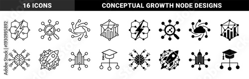 Hybrid conceptual symbols merging core industry elements with connectivity networks featuring lightning bolt cloud brain rocket and building motifs