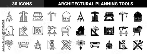 Architectural engineering hybrid symbols merging construction tools with blueprint planning and sustainable building concepts in outline and solid styles