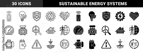 Electrical engineering and renewable energy hybrid icons featuring power grid infrastructure sustainable technology and smart grid monitoring symbols
