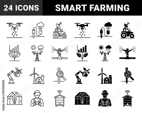 Smart farming and precision agriculture icons featuring autonomous drone seeding robotic harvesting sensor monitoring and sustainable energy integration