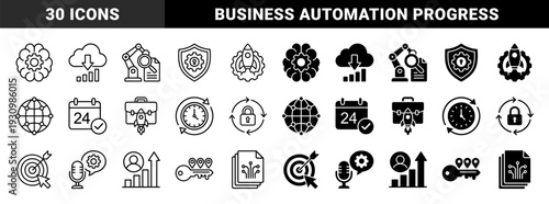 Hybrid Business Productivity and Strategic Automation Elements Featuring Brain Gear Cloud Progress Rocket Case and Security Shield Graphics