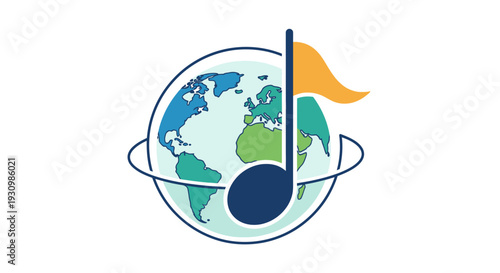 Earth globe with a prominent musical note symbol and an orange flag, representing global music and international harmony on a light blue background.