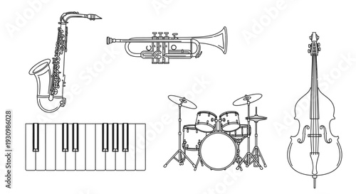 Collection of line art musical instruments including saxophone, trumpet, piano keyboard, drum kit, and double bass, isolated white background.