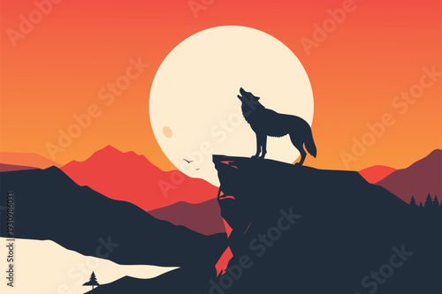 Wolf Howling Silhouette at Sunset in Nature Landscape
