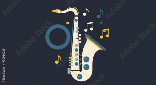 Modern stylized saxophone with musical notes and geometric elements on a dark blue artistic background.