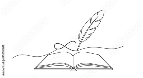 Continuous line drawing of an open book with a feather quill resting on its pages, symbolizing writing and creativity on an isolated white background.