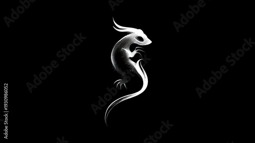 A monochrome illustration of a lizard-like creature with horns and a long tail, set against black