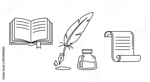 Line art collection for writing and literature including an open book, quill pen, inkwell, and a parchment scroll, isolated white background.