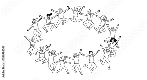 Energetic line art illustration of a diverse group of happy people jumping in a celebratory circle, isolated white background.