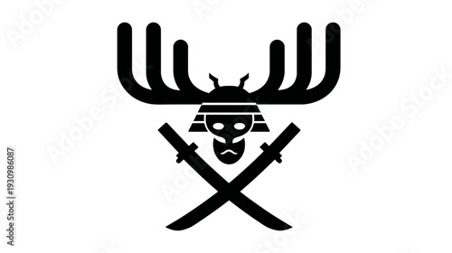 A monochrome illustration combines antlers, a samurai helmet, a face, and two crossed swords