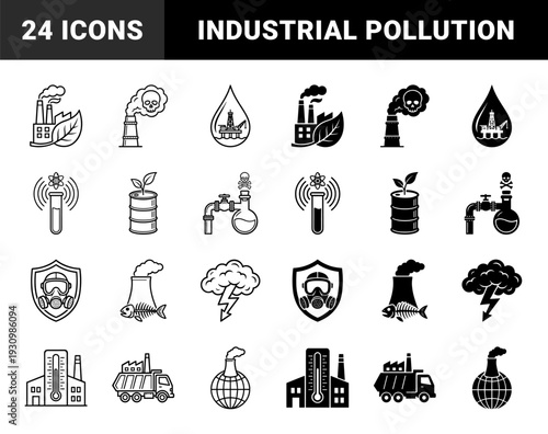 Black and white industrial pollution icons merging factory chimneys with skulls and nature elements for environmental impact and climate risk