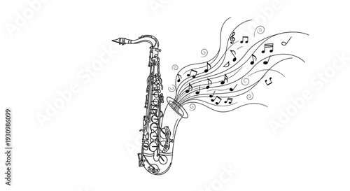 Detailed outline drawing of a saxophone with musical notes creatively flowing out, isolated white background.