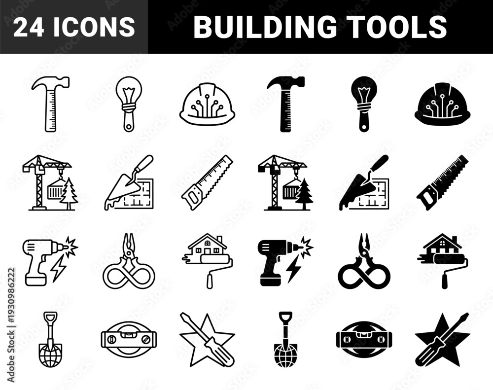 Fototapeta premium Construction and engineering hybrid symbols merging heavy machinery with technical tools and structural elements in outline and solid dual style