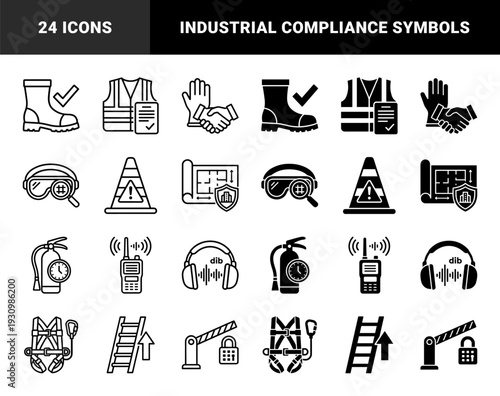 Construction Safety Equipment and Site Management Icons Combining Protective Gear with Compliance Symbols in a Dual Stroke and Solid Design