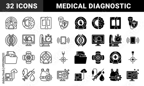 Medical diagnostic technology icons featuring hybrid symbols of mri scanners with heart and brain imagery along with dna strands and laboratory equipment