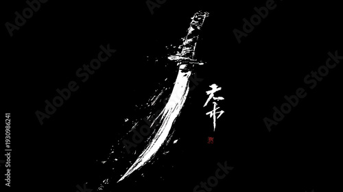 A stark ink wash illustration featuring a katana and calligraphy script on a solid black background