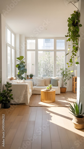 Cozy living room with plants and large windows at home interior