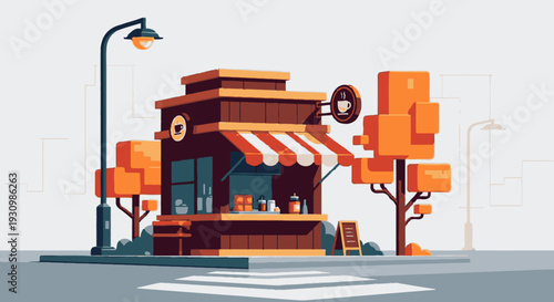 Stylized Kiosk with Orange Striped Awning.