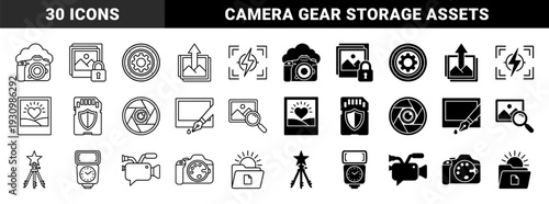 Professional photography and digital imaging hybrid symbols featuring camera equipment merged with cloud storage security memory and artistic editing tools