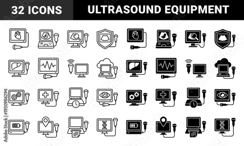 Medical Ultrasound Diagnostic Scanner Icon Set Featuring Portable Imaging Devices With Specialized Probes For Cardiac Obstetric And Internal Organ Monitoring