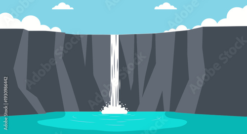 Waterfall Flowing Down Cliffs into Water.