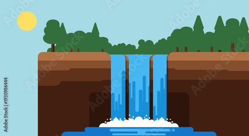 Waterfall Flowing Down Cliff Vector Illustration.