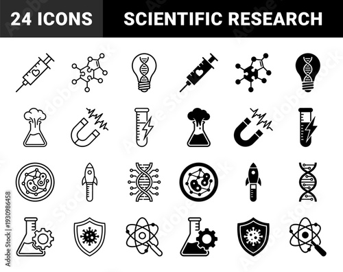 Biotechnology and Scientific Research Hybrid Symbols Featuring DNA Lightbulbs Laboratory Flasks with Gears and Atom Magnifying Glass in Line and Solid Style