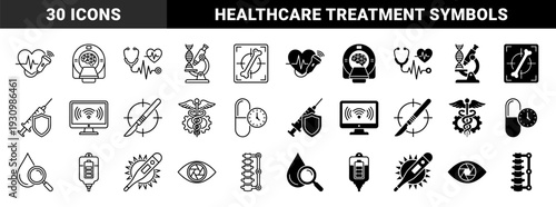 Medical and healthcare diagnostic icons featuring hybrid conceptual symbols for cardiology neurology genetics radiology and surgical treatment in outline and solid styles