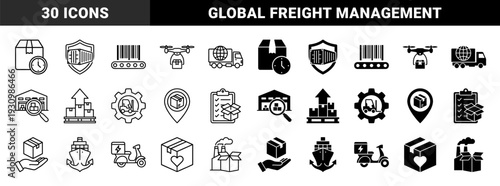 Logistics and supply chain management icons featuring hybrid conceptual designs like drone delivery cargo ships and global warehouse distribution symbols