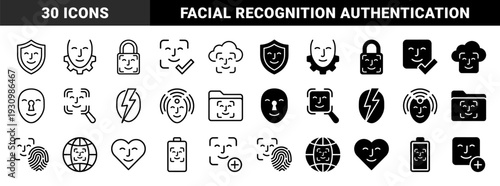 Biometric face recognition and digital identity verification symbols featuring hybrid designs with security shields locks and cloud data storage integration