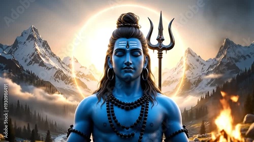 Ultra realistic 3D cinematic footage of Lord Shiva meditating in lotus pose on a massive ancient stone rock calm serene facial expression highly detailed blue skin sacred ash markings on forehead trad
