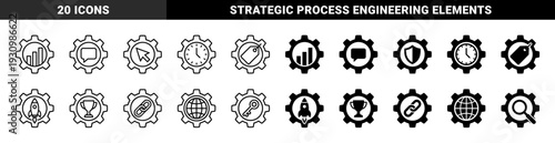 Hybrid gear symbols merging industrial mechanical cogs with business analytics data rocket launch and global communication metaphors in outline and solid styles