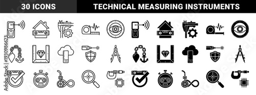 Measurement and precision engineering hybrid icons featuring spirit levels calipers micrometer compass and geometric tool symbols in outline and solid styles