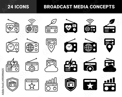 Broadcast media radio receiver symbols merged with diverse conceptual metaphors including healthcare heart rate ecology leaf and global navigation geography