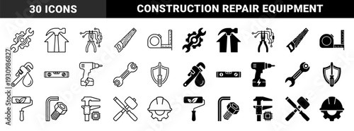 Construction and repair tools combined with industrial symbols featuring gear wrench hammer house circuit pliers saw ruler pipe wrench and drill