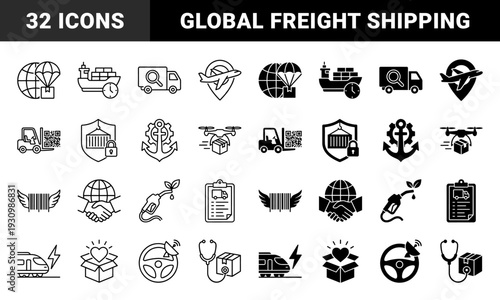 Logistics and supply chain management icons featuring hybrid symbols of global shipping freight transport delivery tracking and sustainable distribution
