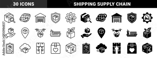Logistics and supply chain management symbols featuring a hybrid design of cardboard boxes merged with global trade delivery and warehouse elements