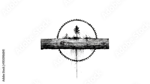 Black and white illustration of tree behind a circular saw blade over a wooden log